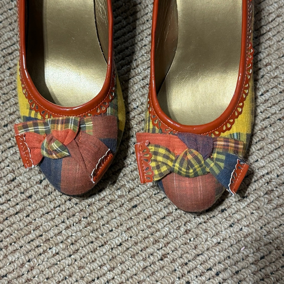 Qupid Yellow Red Plaid Multicolor Plaid Fabric Bow Heels Women 8 - Picture 2 of 8